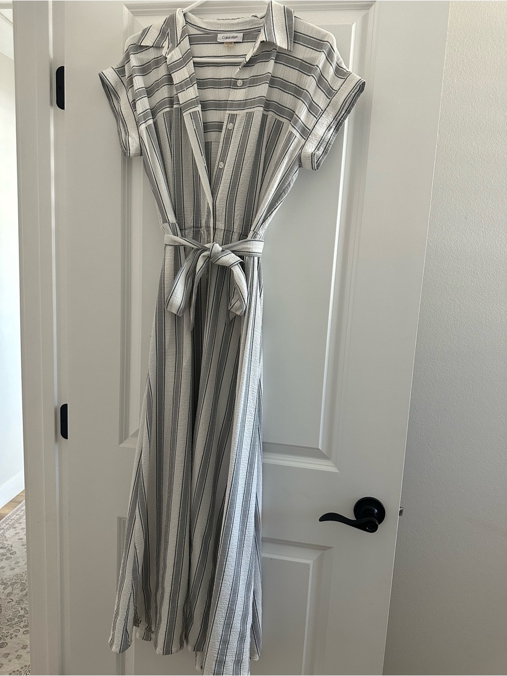 Calvin Klein Striped Gray and White Maxi Shirt Dress with Tie